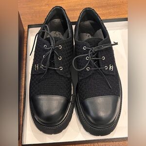 Brand New Chanel wool tweed calfskin lace up loafers with box & shoe bag